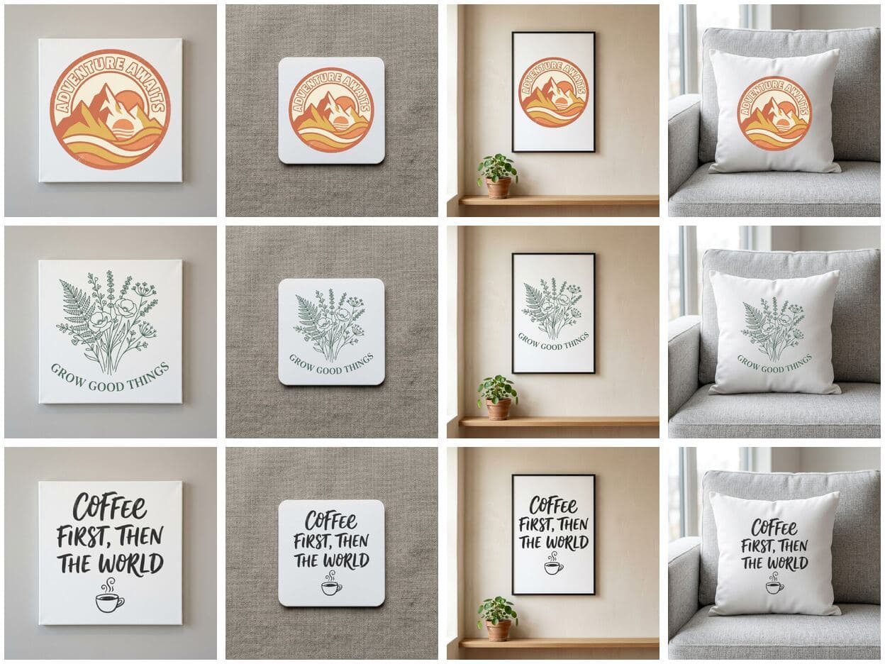 Three sample designs rendered across canvas, sticker, poster, and pillow scenes in one batch